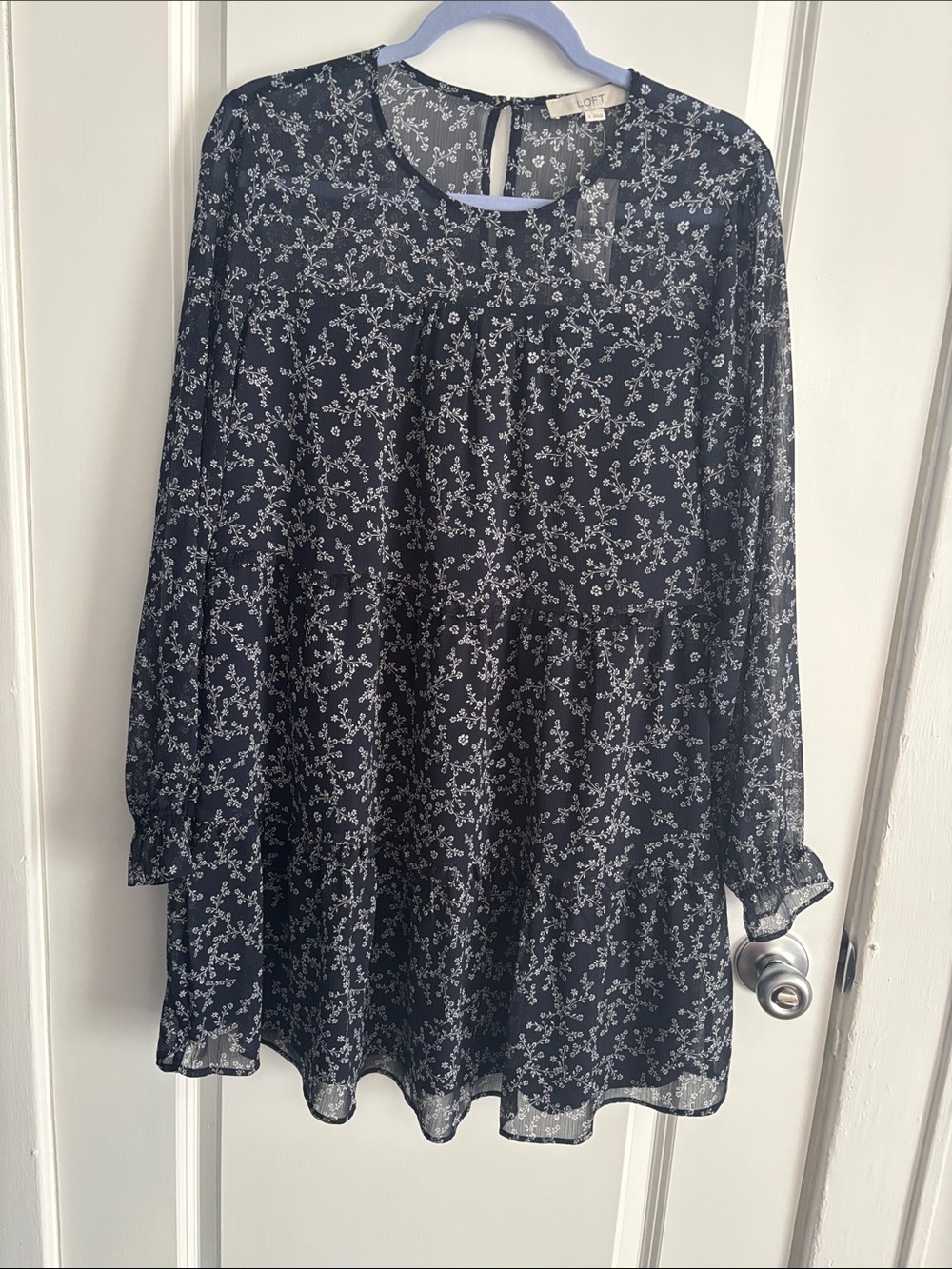 LOFT Navy and White Floral Chiffon Tunic